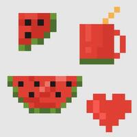Pixel watermelon, watermelon slice, mug with juice vector