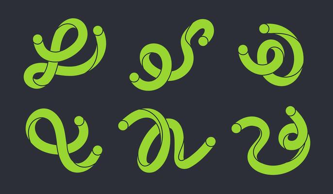 Abstract scribble twisted lines. Colorful green shapes, funny minimalist style scribbles flat illustration set. Hand drawn comic scribble shapes