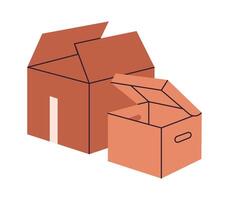 Cardboard boxes. Moving cargo boxes, carton delivery or moving containers flat illustration. Hand drawn open boxes on white vector