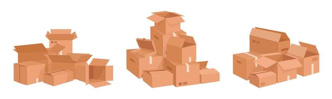 Hand drawn cardboard boxes. Stacked boxes piles, cargo warehouse box stack, delivery or moving containers flat illustration set. Cartoon boxes collection vector