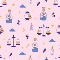 Magic and astrological collection elements. Seamless pattern. Witchcraft symbols with crystal crystal bottle, scales, candle. Hand drawn illustrations vector