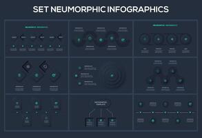 Set Neumorphic flowchart dark iinfographic. Creative concept for infographic with 3, 4, 5, 6 steps, options, parts or processes. vector