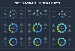 Set Diagram dark infographics elements with 3, 4, 5, 6 options, template for web on a black background. vector