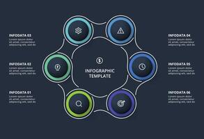 Creative infographic with 6 elements, presentations, illustration. Template for web on a black background. vector