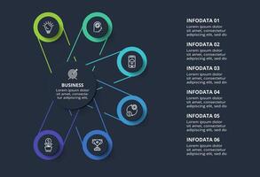 Creative infographic with 6 elements, presentations, illustration. Template for web on a black background. vector
