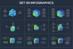 Set 3d concept for infographic with 3, 4, 5, 6, 7 steps, parts or processes. Template for web on a black background. vector