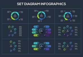 Set Diagram dark infographics elements with 3, 4, 5, 6 options, template for web on a black background. vector