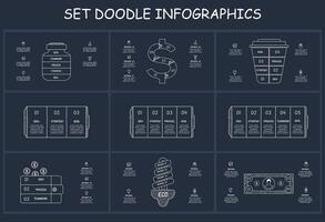 Set doodle dark infographics elements with 3, 4, 5 options, template for web on a black background. vector