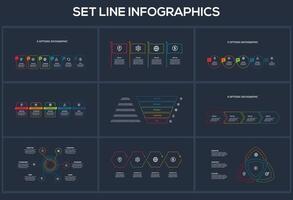 Set Line dark infographics elements. Templates for growth chart, graph, presentation, chart. Business startup concept vector