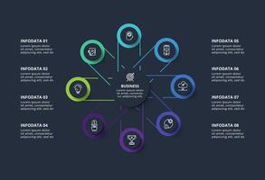 Creative infographic with 8 elements, presentations, illustration. Template for web on a black background. vector