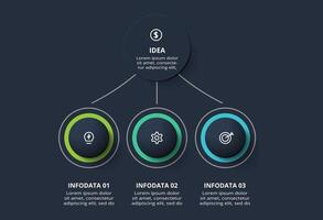 Creative infographic with 3 elements, presentations, illustration. Template for web on a black background. vector