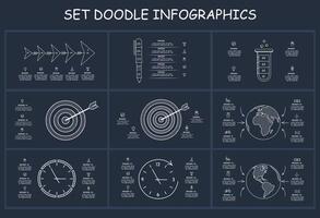 Set doodle dark infographics elements with 3, 4, 5, 6 options, template for web on a black background. vector