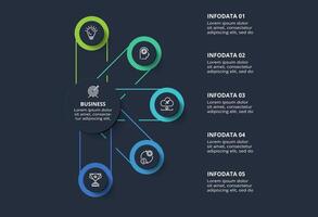 Creative infographic with 5 elements, presentations, illustration. Template for web on a black background. vector