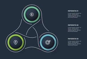 Creative infographic with 3 elements, presentations, illustration. Template for web on a black background. vector