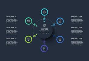 Creative infographic with 6 elements, presentations, illustration. Template for web on a black background. vector