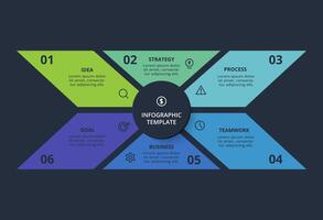 Creative infographic with 6 elements, presentations, illustration. Template for web on a black background. vector