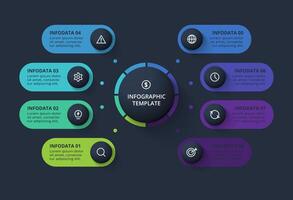Creative infographic with 8 elements, presentations, illustration. Template for web on a black background. vector