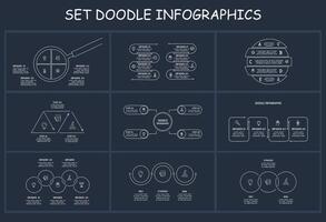 Set doodle dark infographics elements with 3, 4, 5, 8 options, template for web on a black background. vector
