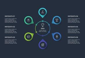 Creative infographic with 6 elements, presentations, illustration. Template for web on a black background. vector
