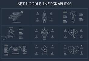 Set doodle dark infographics elements with 3, 4, 5, 9 options, template for web on a black background. vector