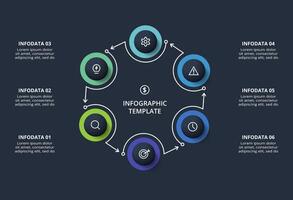 Creative infographic with 6 elements, presentations, illustration. Template for web on a black background. vector