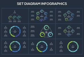 Set Diagram dark infographics elements with 3, 4, 5, 6 options, template for web on a black background. vector
