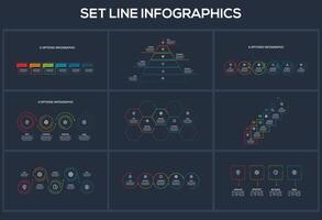 Set Line dark infographics elements. Templates for growth chart, graph, presentation, chart. Business startup concept vector
