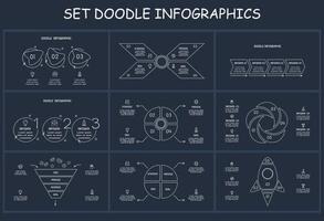 Set doodle dark infographics elements with 3, 4, 5 options, template for web on a black background. vector