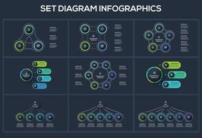 Set Diagram dark infographics elements with 3, 4, 5, 6 options, template for web on a black background. vector