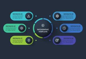 Creative infographic with 6 elements, presentations, illustration. Template for web on a black background. vector