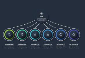 Creative infographic with 6 elements, presentations, illustration. Template for web on a black background. vector