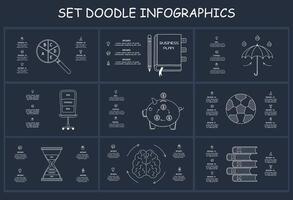 Set doodle dark infographics elements with 3, 4, 5, 6 options, template for web on a black background. vector