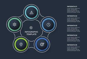 Creative infographic with 6 elements, presentations, illustration. Template for web on a black background. vector