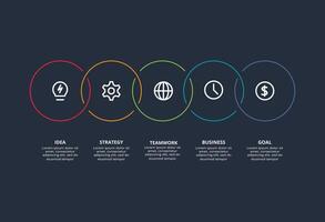 Line concept for infographic with 5 steps, options, parts or processes. Template for web on a black background. vector