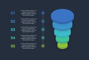 3d concept for infographic with 5 steps, options, parts or processes. Template for web on a black background. vector