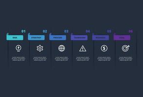 Creative dark infographic with 6 elements template for web on a black background, business, presentation. vector