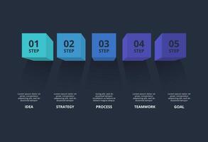 Creative dark infographic with 5 elements template for web on a black background, business, presentation. vector
