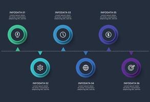Creative dark infographic with 6 elements template for web on a black background, business, presentation. vector