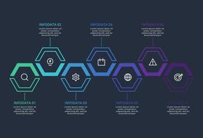 Creative dark infographic with 7 elements template for web on a black background, business, presentation. vector