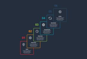 Line concept for infographic with 6 steps, options, parts or processes. Template for web on a black background. vector