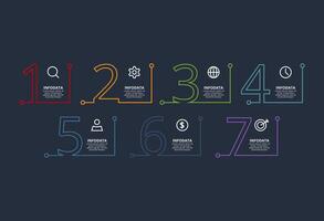 Line concept for infographic with 7 steps, options, parts or processes. Template for web on a black background. vector