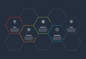 Line concept for infographic with 5 steps, options, parts or processes. Template for web on a black background. vector
