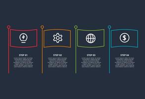 Line concept for infographic with 4 steps, options, parts or processes. Template for web on a black background. vector