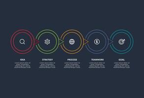 Line concept for infographic with 5 steps, options, parts or processes. Template for web on a black background. vector