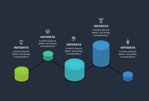 3d concept for infographic with 5 steps, options, parts or processes. Template for web on a black background. vector