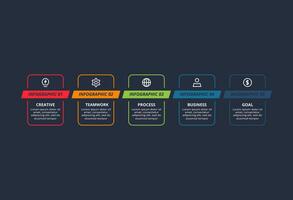 Line concept for infographic with 5 steps, options, parts or processes. Template for web on a black background. vector