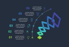 3d concept for infographic with 6 steps, options, parts or processes. Template for web on a black background. vector