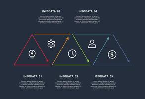 Line concept for infographic with 5 steps, options, parts or processes. Template for web on a black background. vector