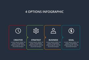 Line concept for infographic with 4 steps, options, parts or processes. Template for web on a black background. vector