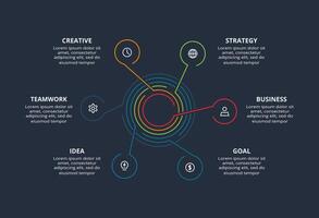 Line concept for infographic with 6 steps, options, parts or processes. Template for web on a black background. vector